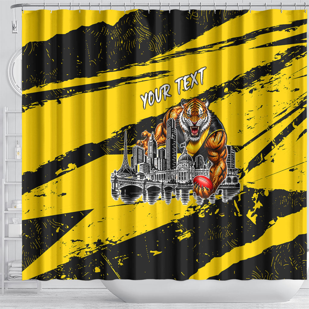 Personalised Richmond Tigers Football Shower Curtain Melbourne City Skyline Graphic Fierce Mascot Art