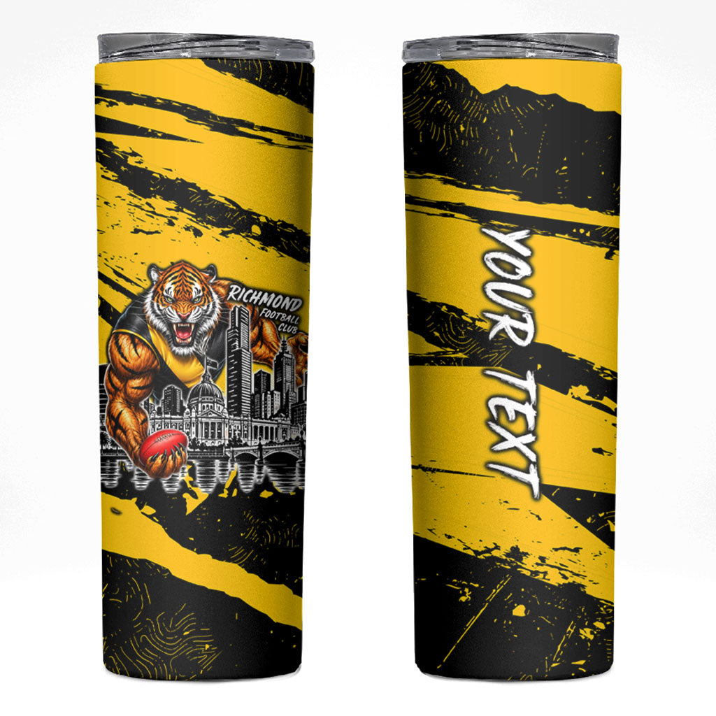 Personalised Richmond Tigers Football Skinny Tumbler Melbourne City Skyline Graphic Fierce Mascot Art