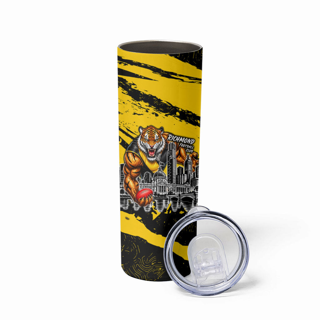 Personalised Richmond Tigers Football Skinny Tumbler Melbourne City Skyline Graphic Fierce Mascot Art