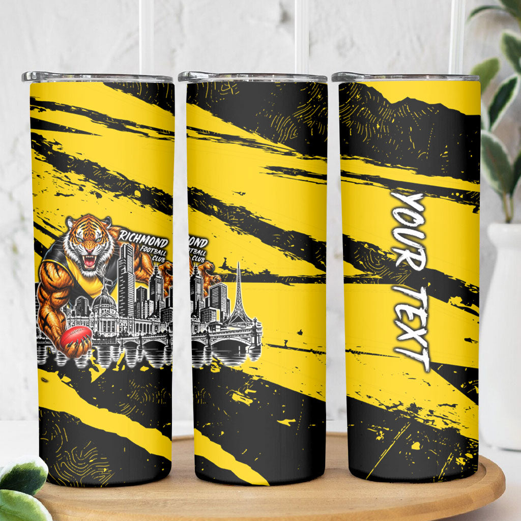 Personalised Richmond Tigers Football Skinny Tumbler Melbourne City Skyline Graphic Fierce Mascot Art