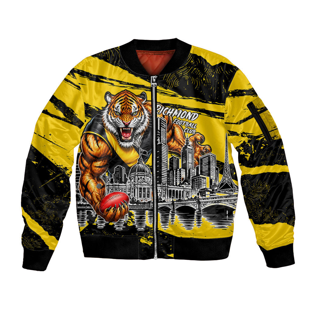 Personalised Richmond Tigers Football Sleeve Zip Bomber Jacket Melbourne City Skyline Graphic Fierce Mascot Art