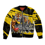 Personalised Richmond Tigers Football Sleeve Zip Bomber Jacket Melbourne City Skyline Graphic Fierce Mascot Art