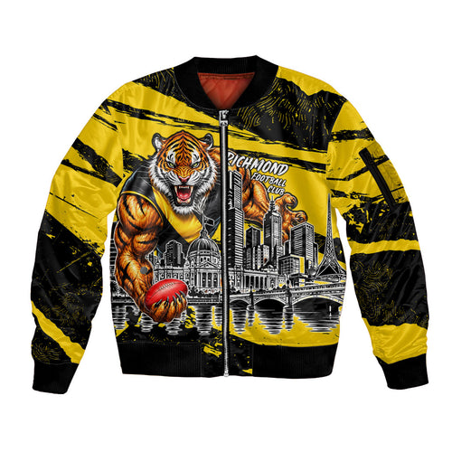 Personalised Richmond Tigers Football Sleeve Zip Bomber Jacket Melbourne City Skyline Graphic Fierce Mascot Art