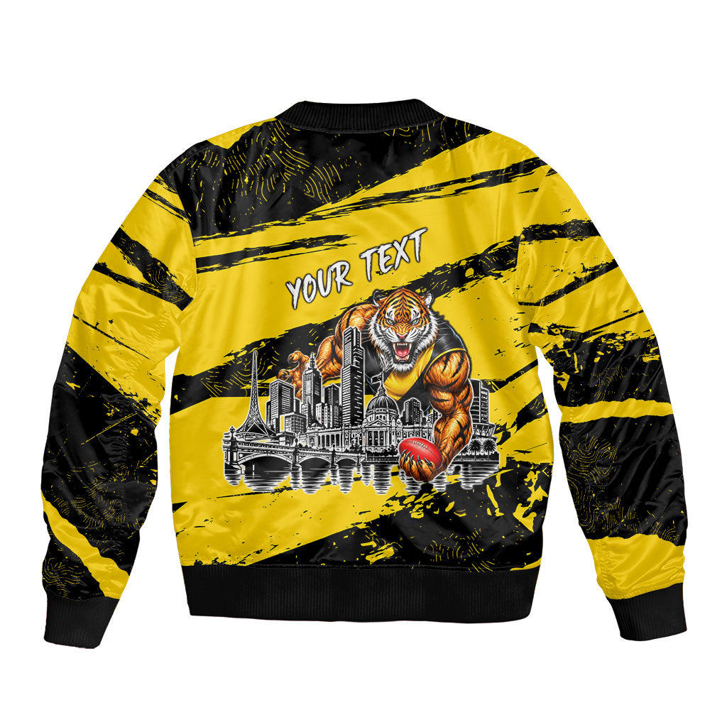 Personalised Richmond Tigers Football Sleeve Zip Bomber Jacket Melbourne City Skyline Graphic Fierce Mascot Art
