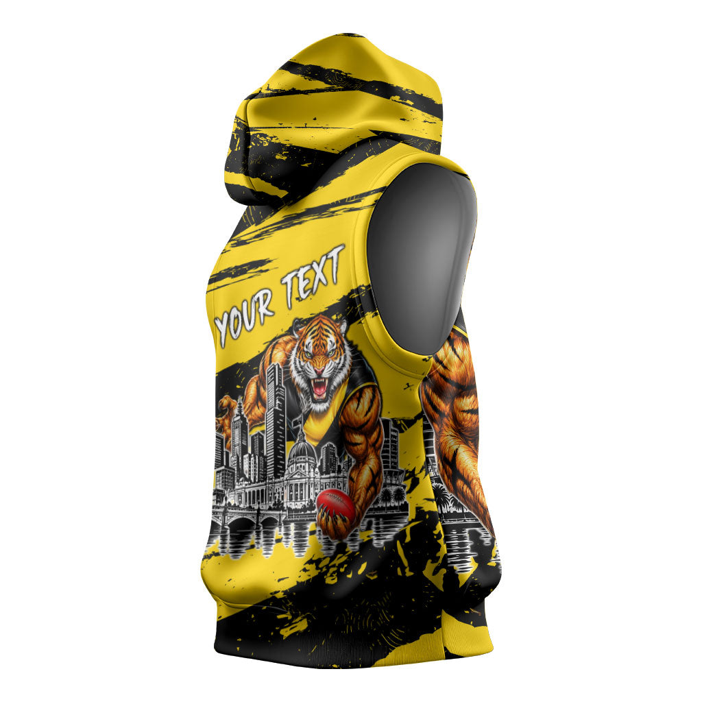 Personalised Richmond Tigers Football Sleeveless Hoodie Melbourne City Skyline Graphic Fierce Mascot Art