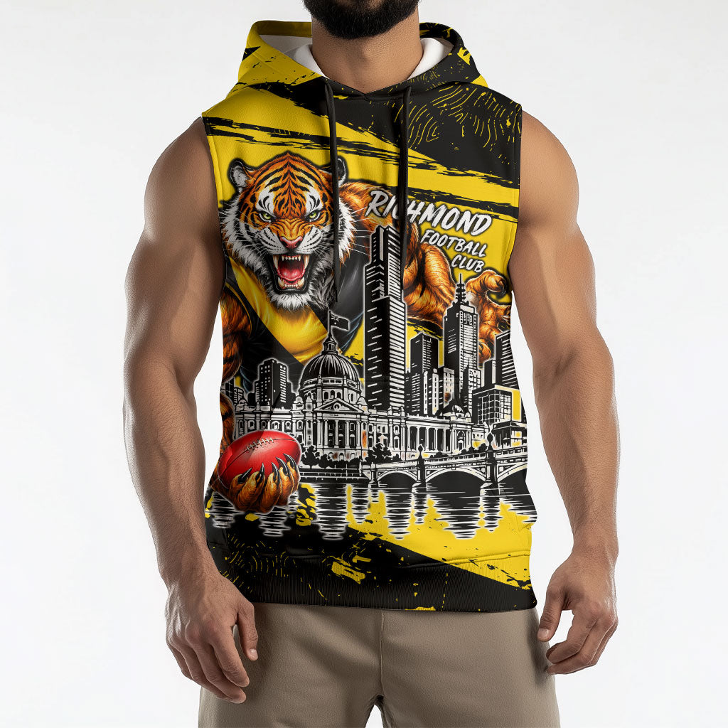 Personalised Richmond Tigers Football Sleeveless Hoodie Melbourne City Skyline Graphic Fierce Mascot Art