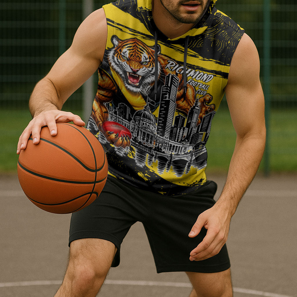 Personalised Richmond Tigers Football Sleeveless Hoodie Melbourne City Skyline Graphic Fierce Mascot Art