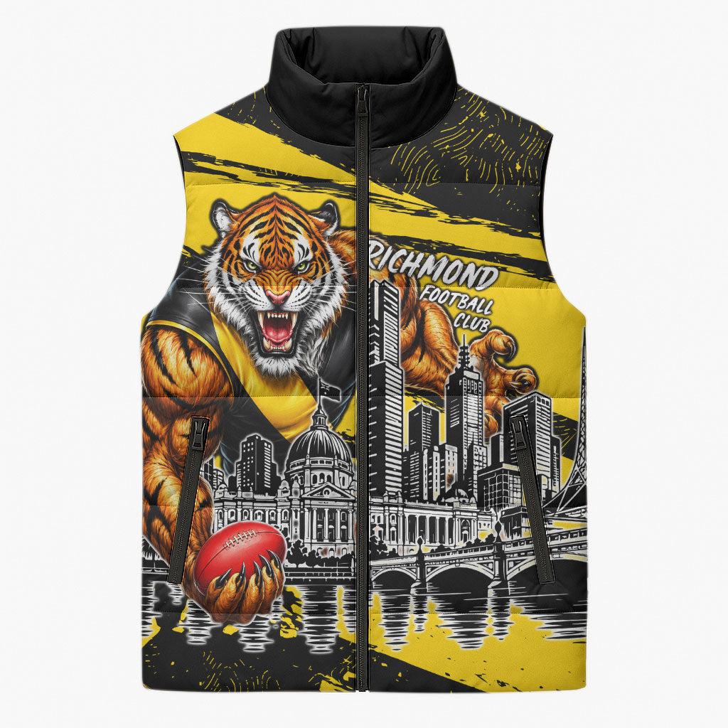 Personalised Richmond Tigers Football Sleeveless Puffer Jacket Melbourne City Skyline Graphic Fierce Mascot Art