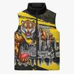 Personalised Richmond Tigers Football Sleeveless Puffer Jacket Melbourne City Skyline Graphic Fierce Mascot Art