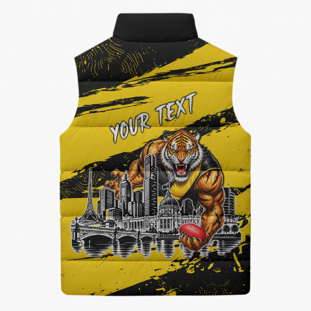 Personalised Richmond Tigers Football Sleeveless Puffer Jacket Melbourne City Skyline Graphic Fierce Mascot Art