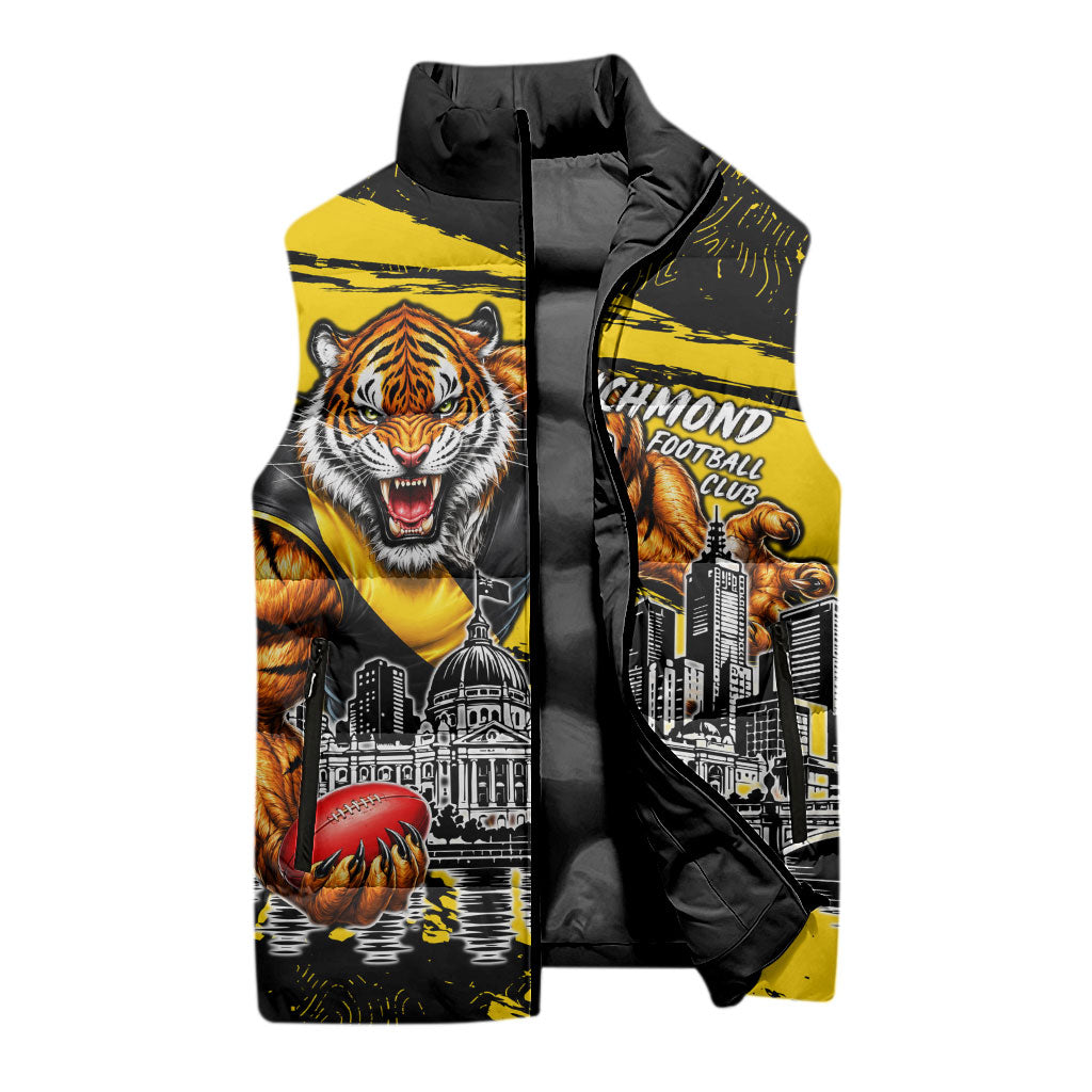 Personalised Richmond Tigers Football Sleeveless Puffer Jacket Melbourne City Skyline Graphic Fierce Mascot Art