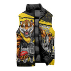 Personalised Richmond Tigers Football Sleeveless Puffer Jacket Melbourne City Skyline Graphic Fierce Mascot Art