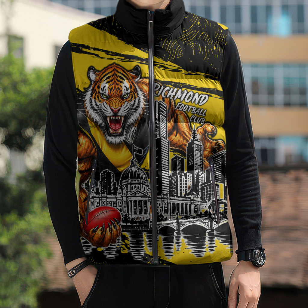 Personalised Richmond Tigers Football Sleeveless Puffer Jacket Melbourne City Skyline Graphic Fierce Mascot Art