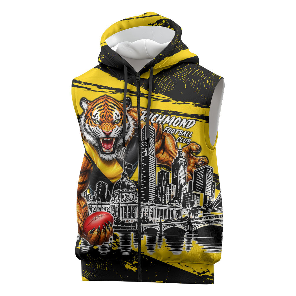 Personalised Richmond Tigers Football Sleeveless Zip Hoodie Melbourne City Skyline Graphic Fierce Mascot Art