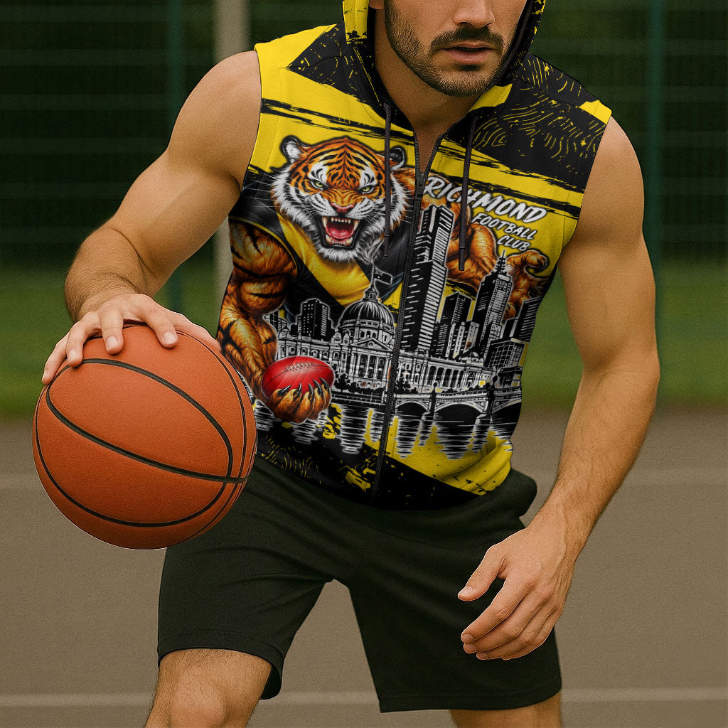 Personalised Richmond Tigers Football Sleeveless Zip Hoodie Melbourne City Skyline Graphic Fierce Mascot Art