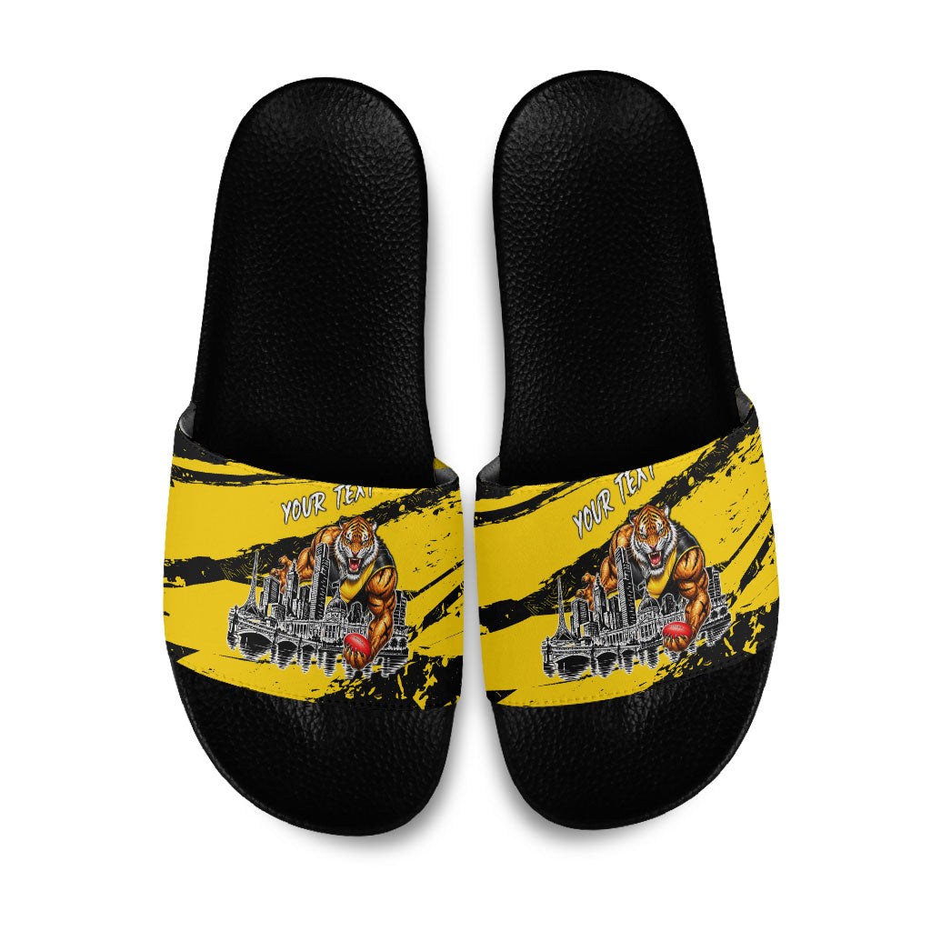 Personalised Richmond Tigers Football Slide Sandals Melbourne City Skyline Graphic Fierce Mascot Art