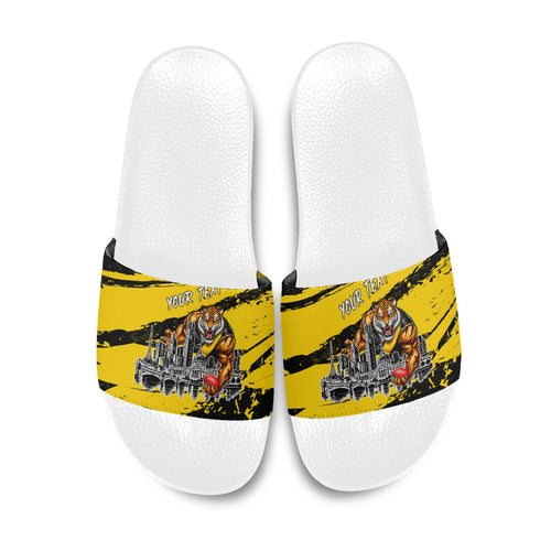 Personalised Richmond Tigers Football Slide Sandals Melbourne City Skyline Graphic Fierce Mascot Art