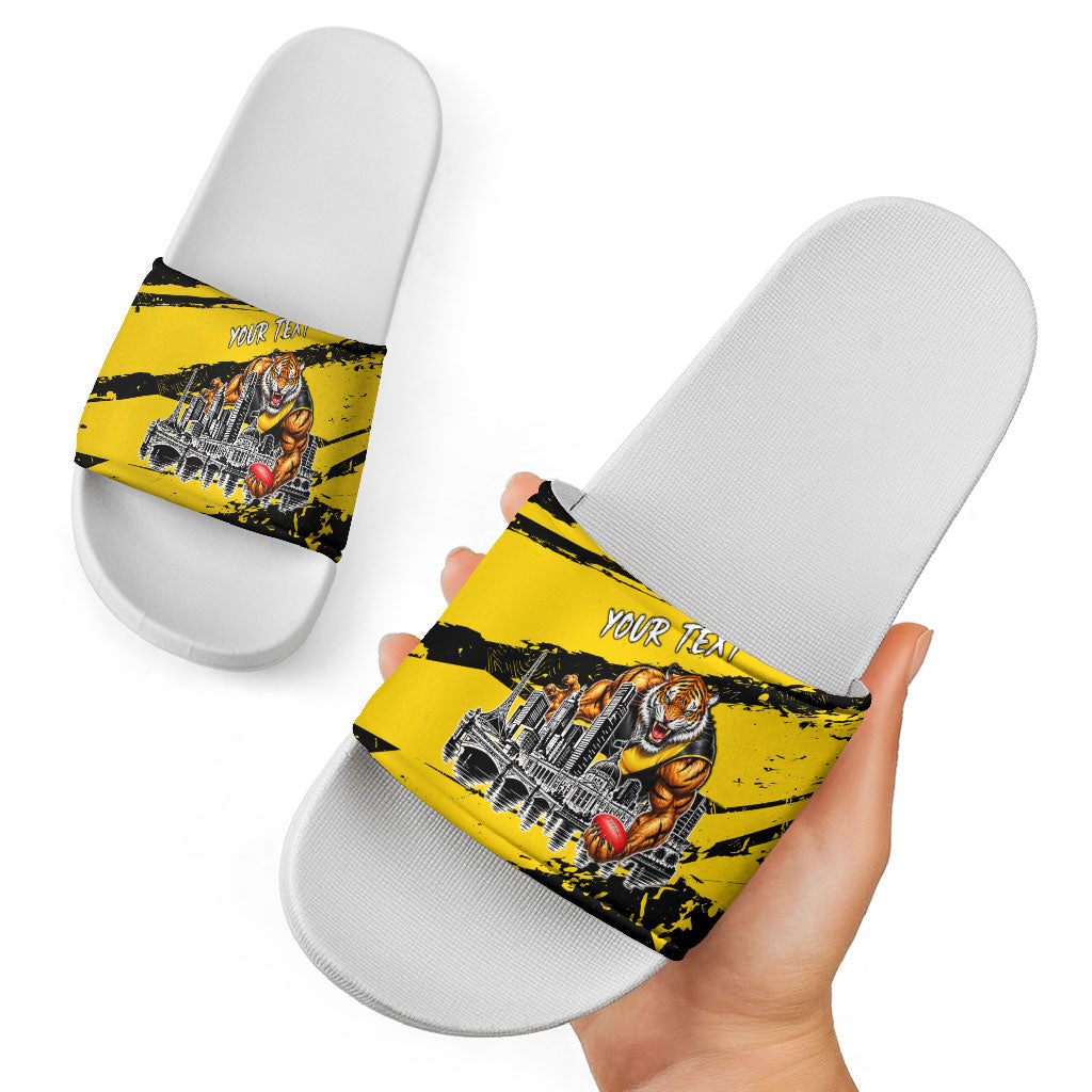 Personalised Richmond Tigers Football Slide Sandals Melbourne City Skyline Graphic Fierce Mascot Art