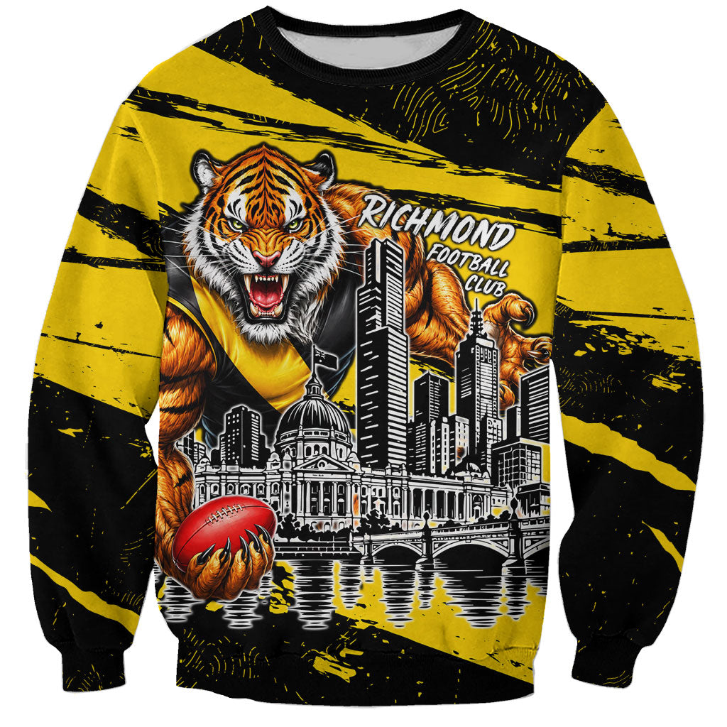 Personalised Richmond Tigers Football Sweatshirt Melbourne City Skyline Graphic Fierce Mascot Art