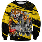 Personalised Richmond Tigers Football Sweatshirt Melbourne City Skyline Graphic Fierce Mascot Art