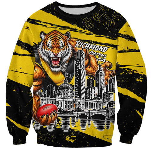 Personalised Richmond Tigers Football Sweatshirt Melbourne City Skyline Graphic Fierce Mascot Art