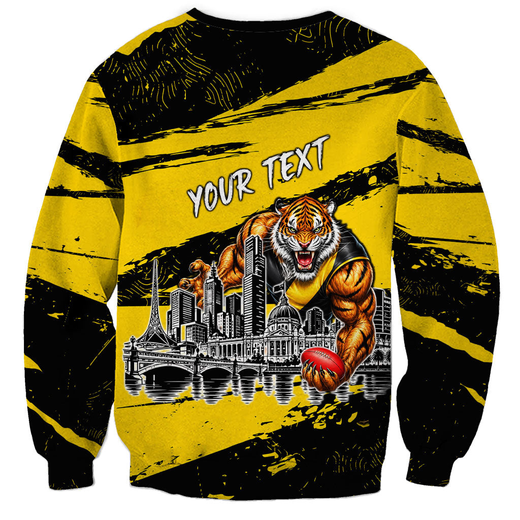 Personalised Richmond Tigers Football Sweatshirt Melbourne City Skyline Graphic Fierce Mascot Art