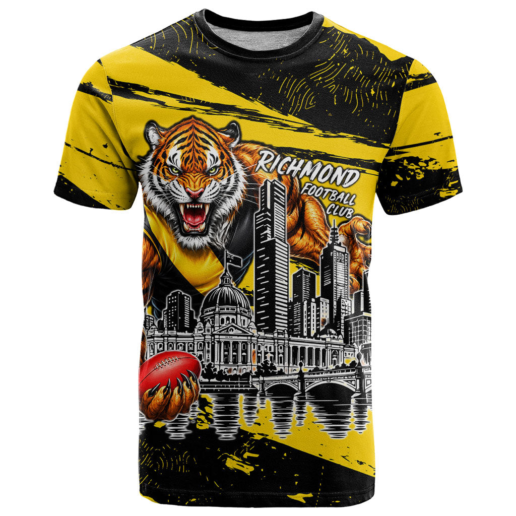 Personalised Richmond Tigers Football T Shirt Melbourne City Skyline Graphic Fierce Mascot Art