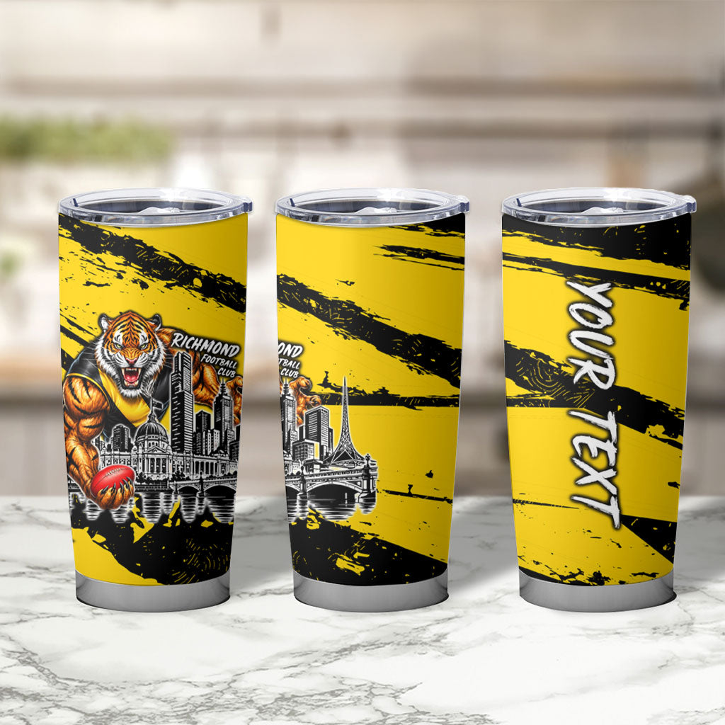 Personalised Richmond Tigers Football Tumbler Cup Melbourne City Skyline Graphic Fierce Mascot Art