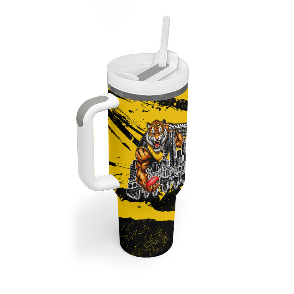 Personalised Richmond Tigers Football Tumbler With Handle Melbourne City Skyline Graphic Fierce Mascot Art