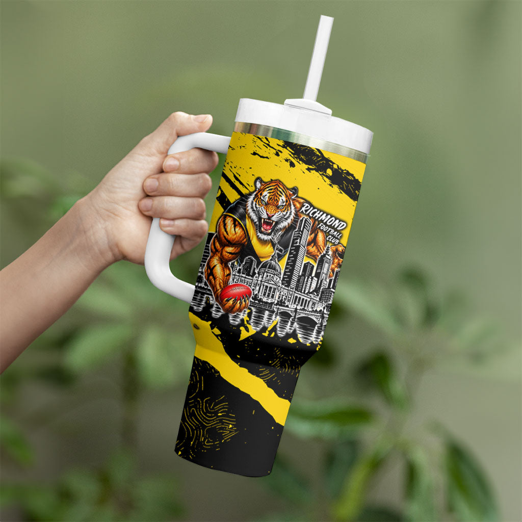 Personalised Richmond Tigers Football Tumbler With Handle Melbourne City Skyline Graphic Fierce Mascot Art