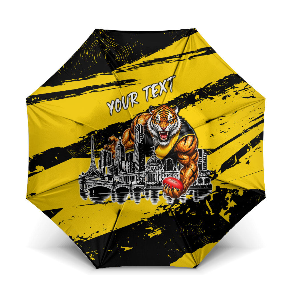 Personalised Richmond Tigers Football Umbrella Melbourne City Skyline Graphic Fierce Mascot Art