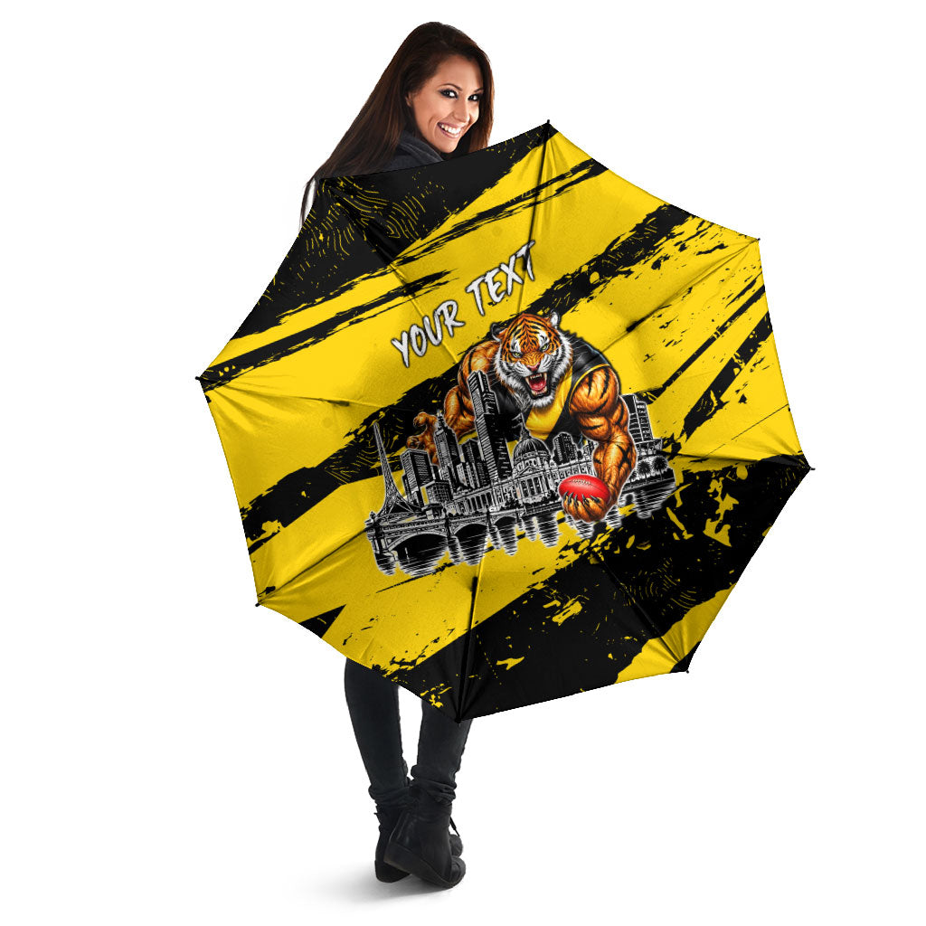Personalised Richmond Tigers Football Umbrella Melbourne City Skyline Graphic Fierce Mascot Art