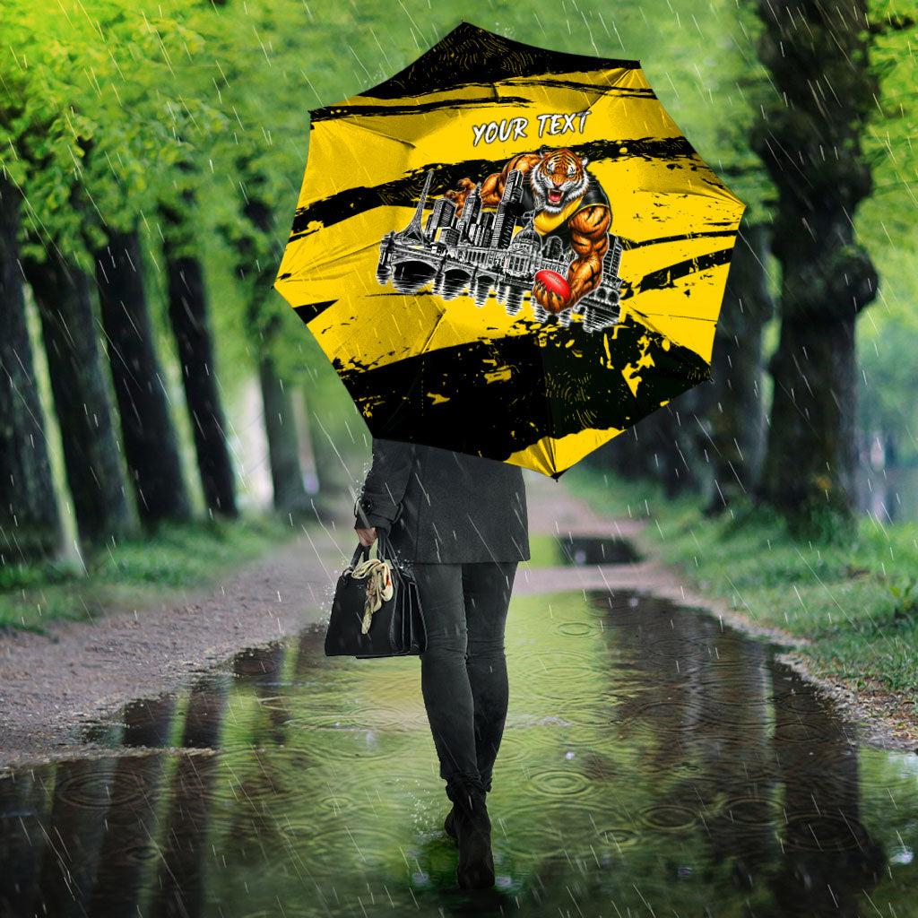 Personalised Richmond Tigers Football Umbrella Melbourne City Skyline Graphic Fierce Mascot Art