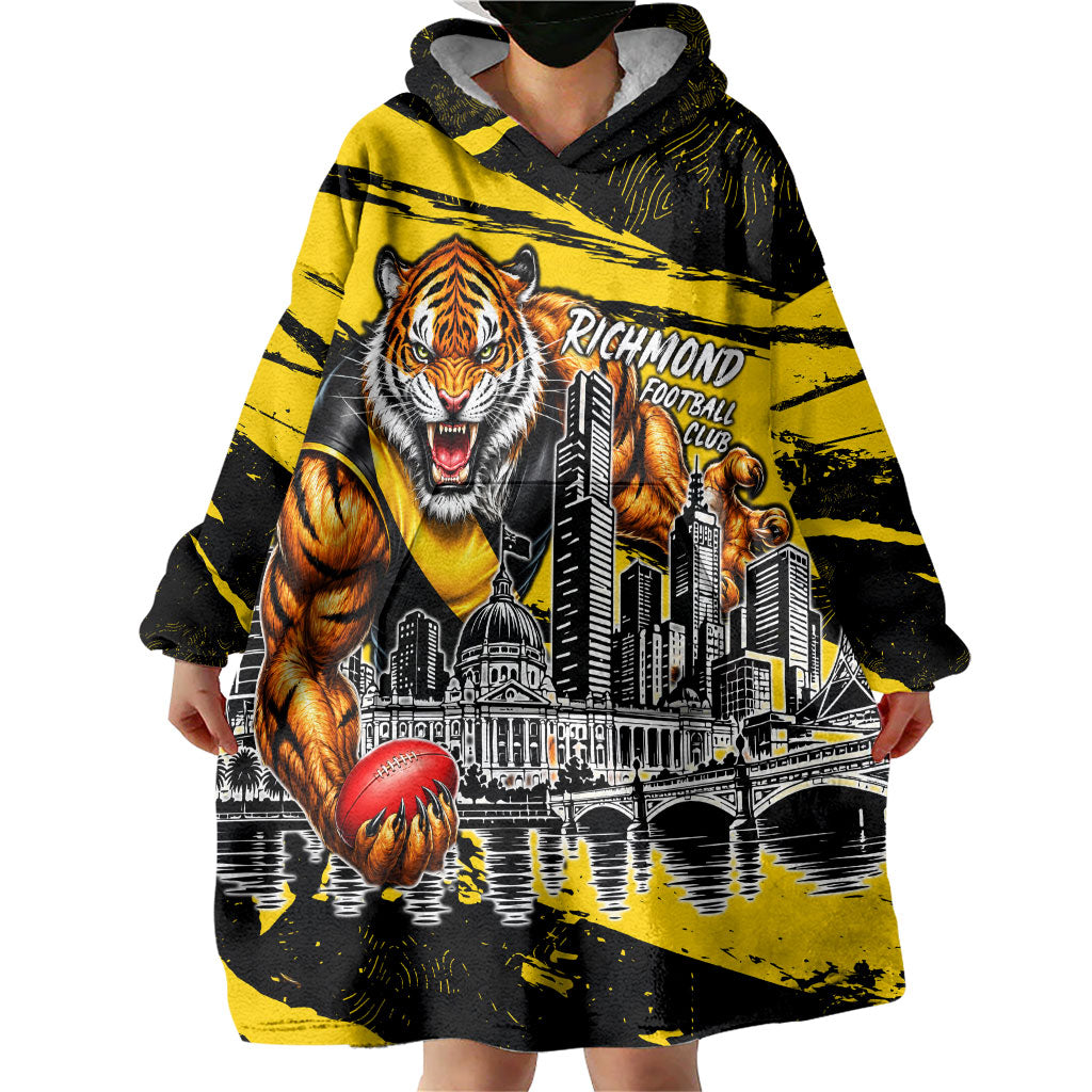 Personalised Richmond Tigers Football Wearable Blanket Hoodie Melbourne City Skyline Graphic Fierce Mascot Art