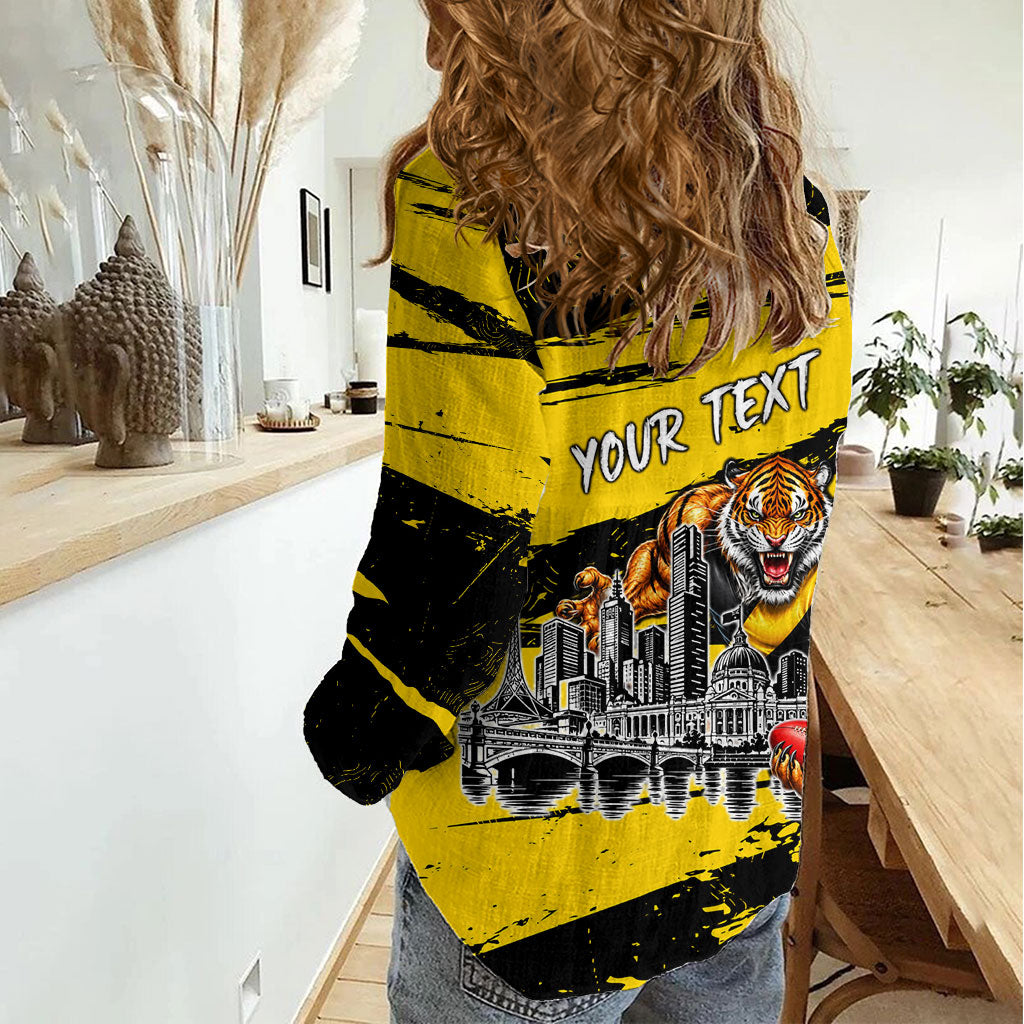 Personalised Richmond Tigers Football Women Casual Shirt Melbourne City Skyline Graphic Fierce Mascot Art