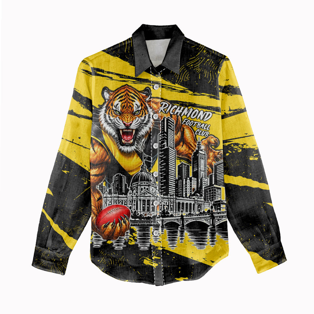 Personalised Richmond Tigers Football Women Casual Shirt Melbourne City Skyline Graphic Fierce Mascot Art