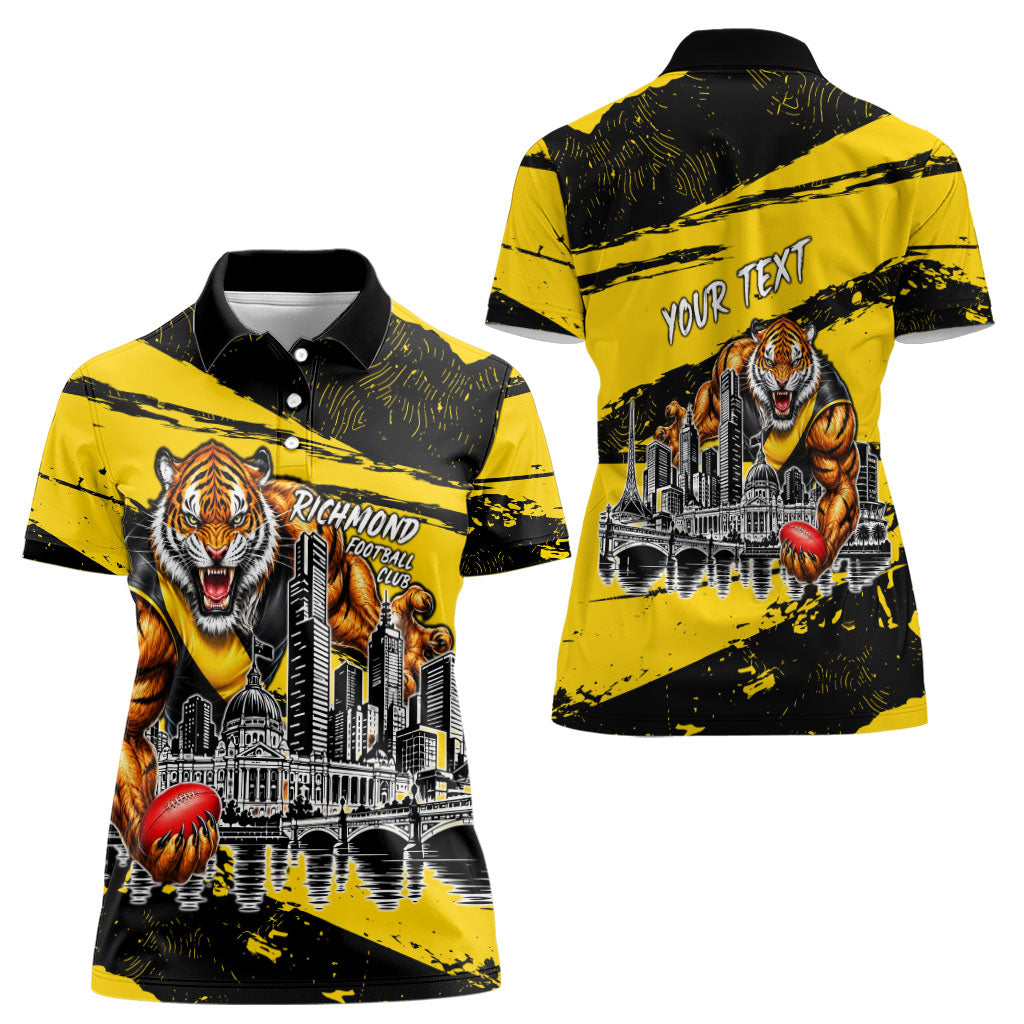 Personalised Richmond Tigers Football Women Polo Shirt Melbourne City Skyline Graphic Fierce Mascot Art