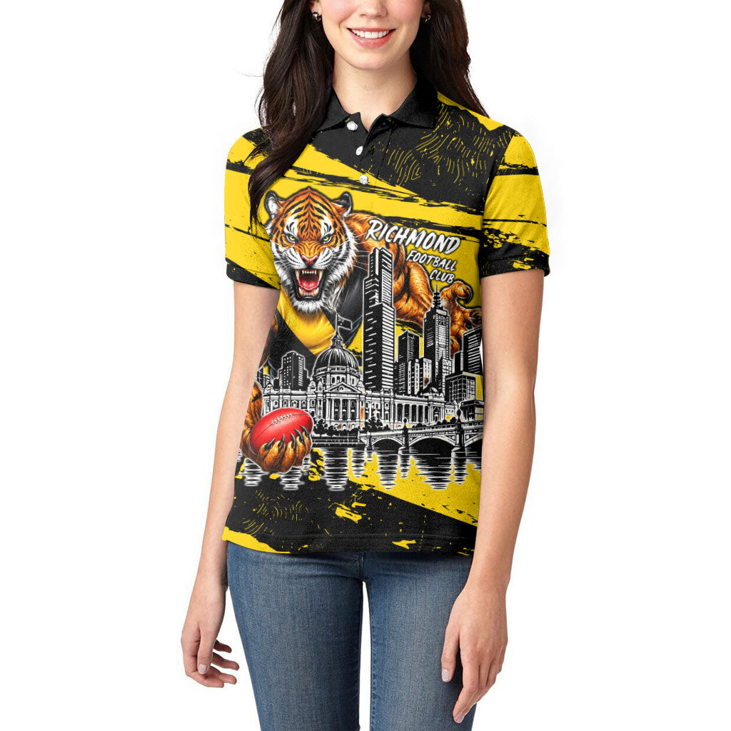 Personalised Richmond Tigers Football Women Polo Shirt Melbourne City Skyline Graphic Fierce Mascot Art