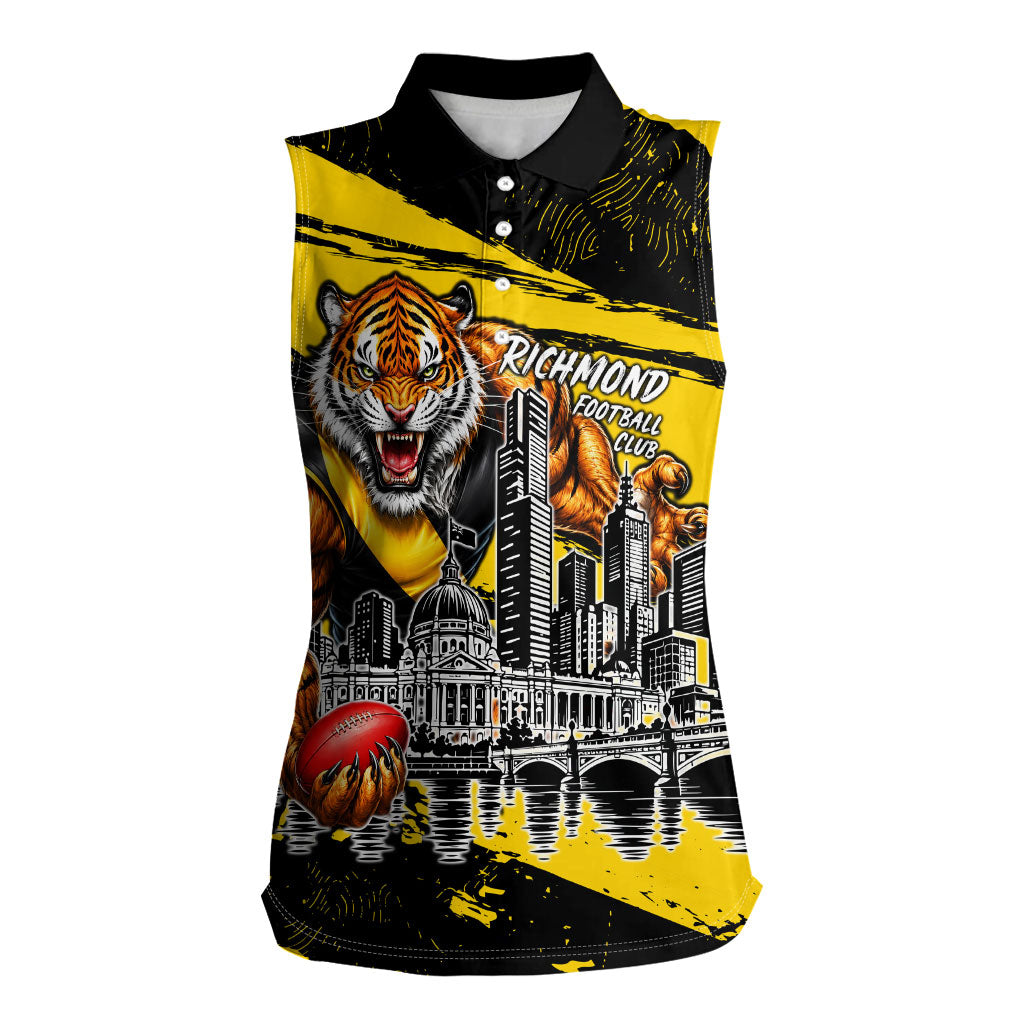 Personalised Richmond Tigers Football Women Sleeveless Polo Shirt Melbourne City Skyline Graphic Fierce Mascot Art