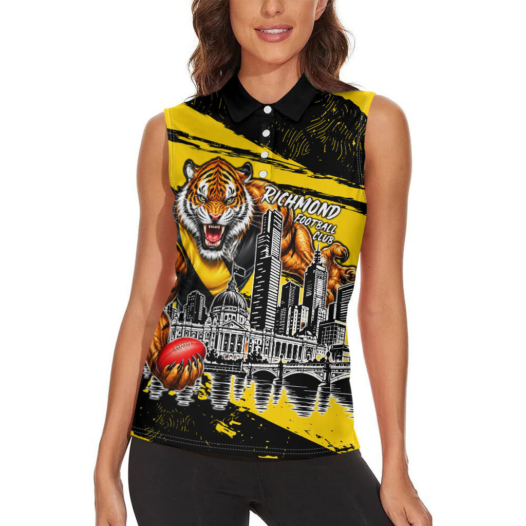 Personalised Richmond Tigers Football Women Sleeveless Polo Shirt Melbourne City Skyline Graphic Fierce Mascot Art