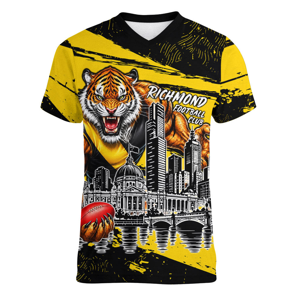 Personalised Richmond Tigers Football Women V-Neck T-Shirt Melbourne City Skyline Graphic Fierce Mascot Art