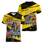 Personalised Richmond Tigers Football Women V-Neck T-Shirt Melbourne City Skyline Graphic Fierce Mascot Art