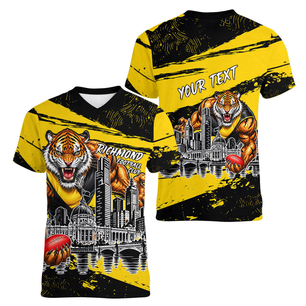 Personalised Richmond Tigers Football Women V-Neck T-Shirt Melbourne City Skyline Graphic Fierce Mascot Art