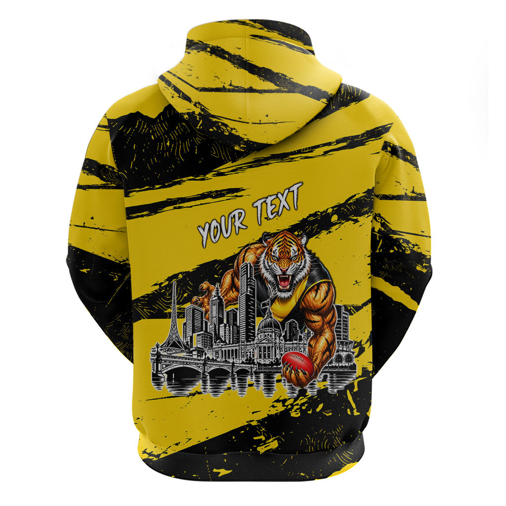 Personalised Richmond Tigers Football Zip Hoodie Melbourne City Skyline Graphic Fierce Mascot Art