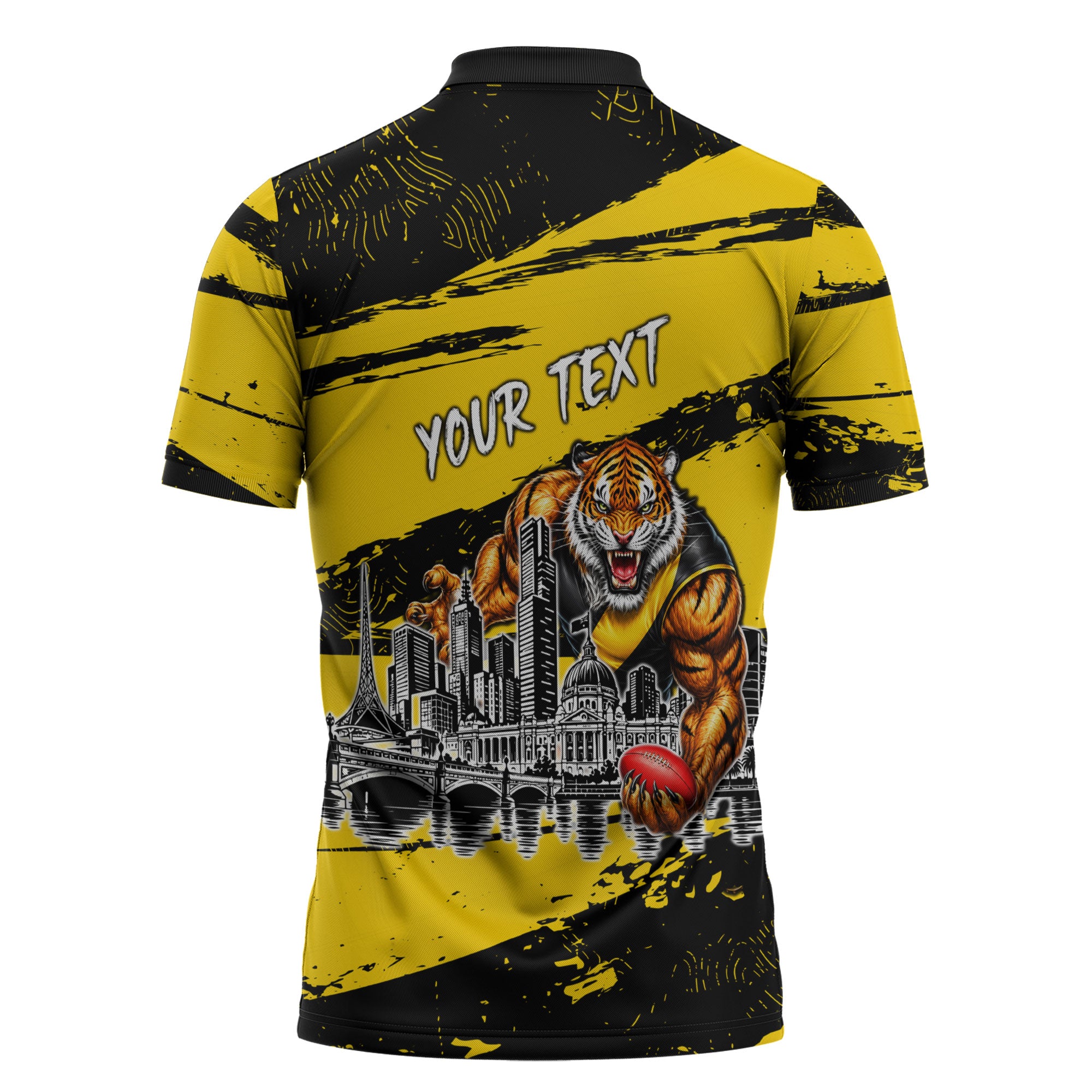 Personalised Richmond Tigers Football Zipper Polo Shirt Melbourne City Skyline Graphic Fierce Mascot Art
