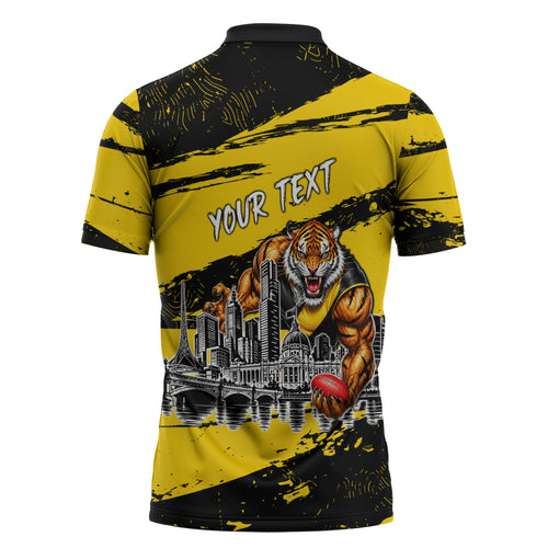 Personalised Richmond Tigers Football Zipper Polo Shirt Melbourne City Skyline Graphic Fierce Mascot Art