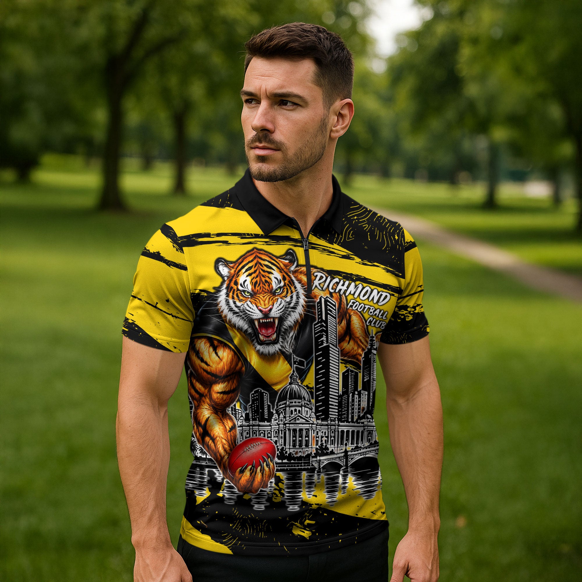 Personalised Richmond Tigers Football Zipper Polo Shirt Melbourne City Skyline Graphic Fierce Mascot Art