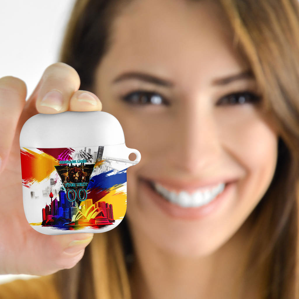 Personalised Brisbane Lions Football AirPods Case Australia City Skyline Graphic Fierce Mascot Art