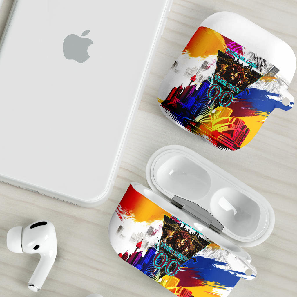 Personalised Brisbane Lions Football AirPods Case Australia City Skyline Graphic Fierce Mascot Art