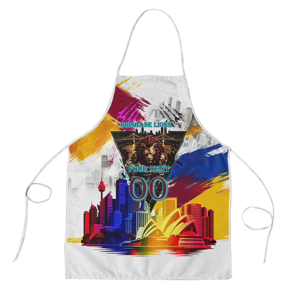 Personalised Brisbane Lions Football Apron Australia City Skyline Graphic Fierce Mascot Art